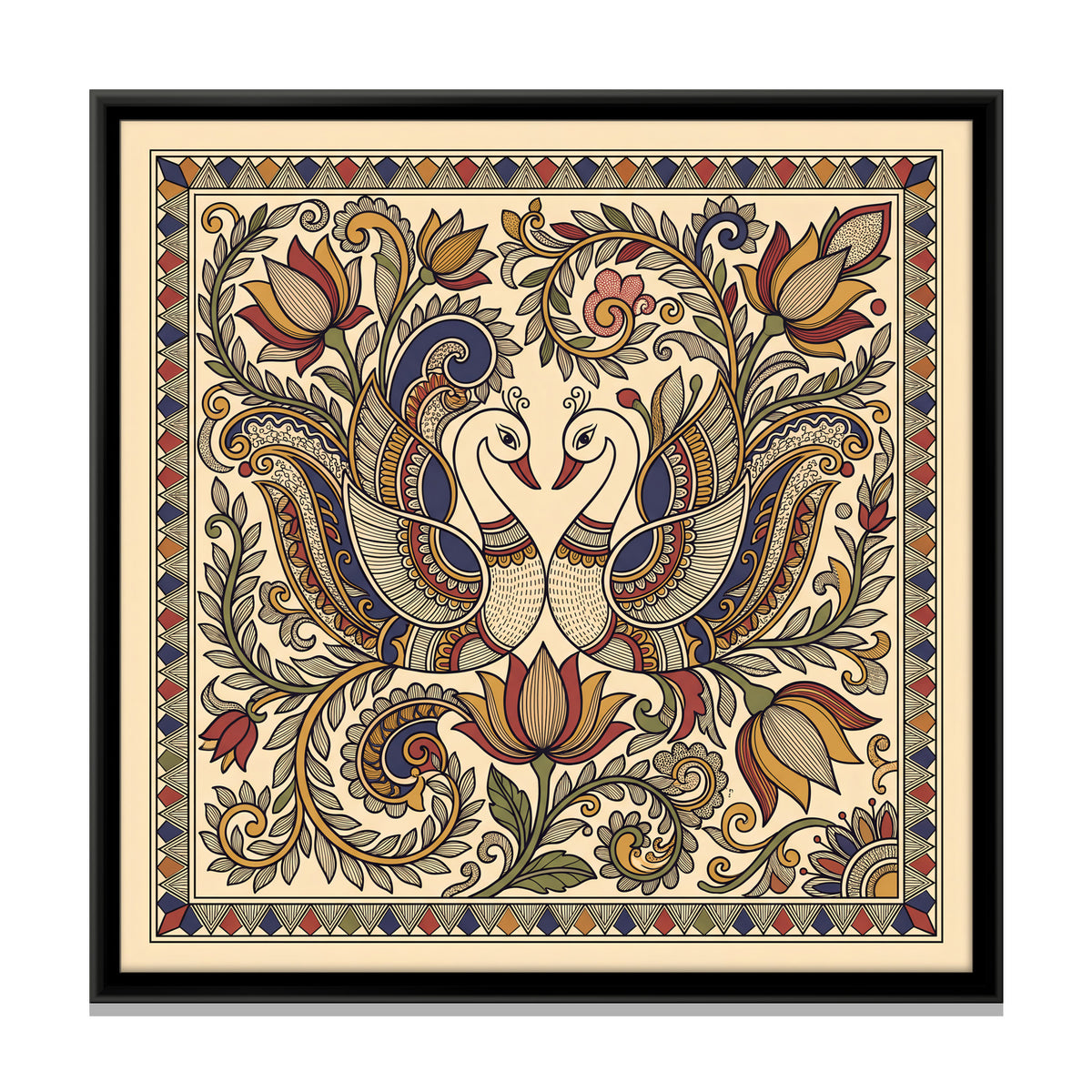 Pair of Swans with Lotus - framed canvas print, front view