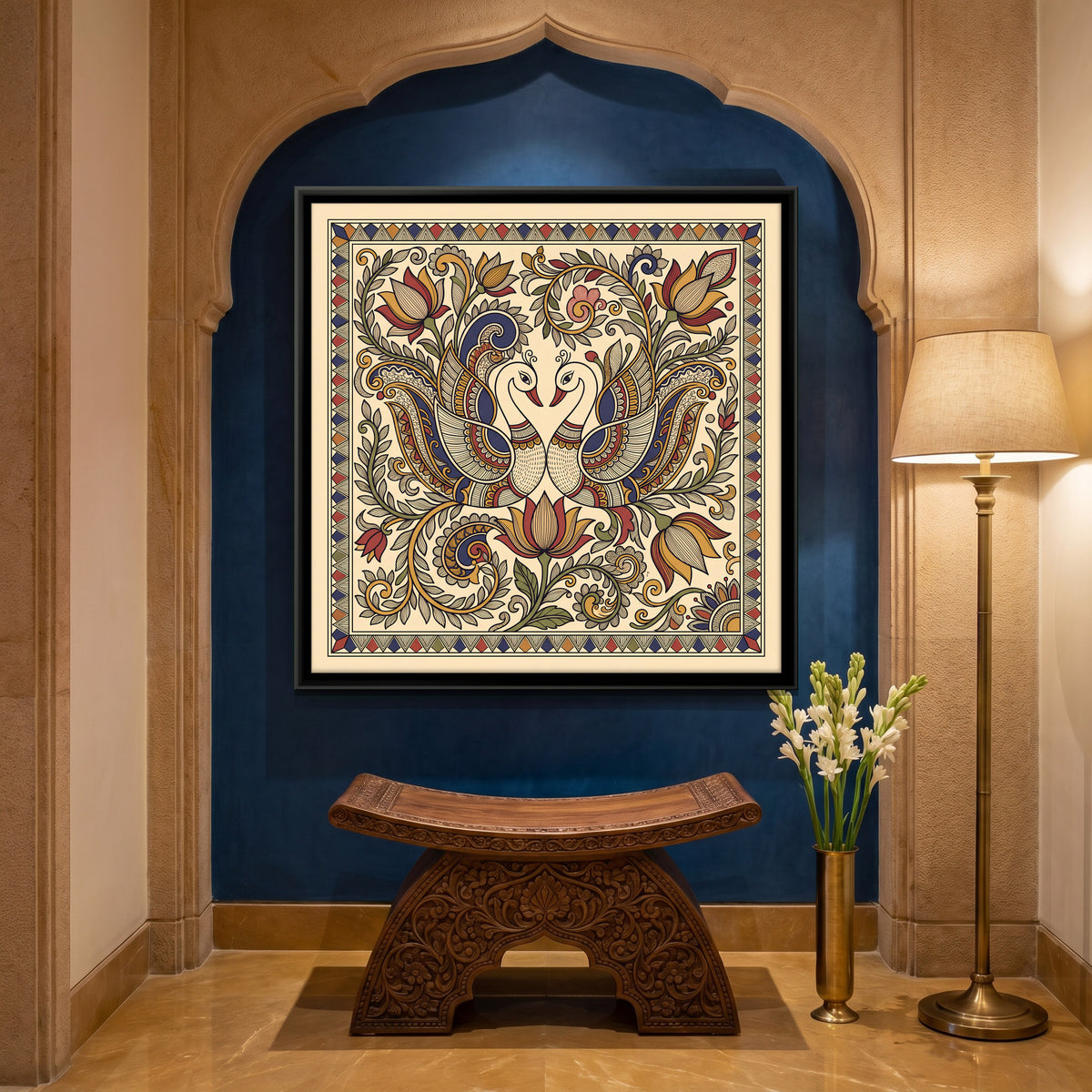 Pair of Swans with Lotus - canvas art shown in a styled room