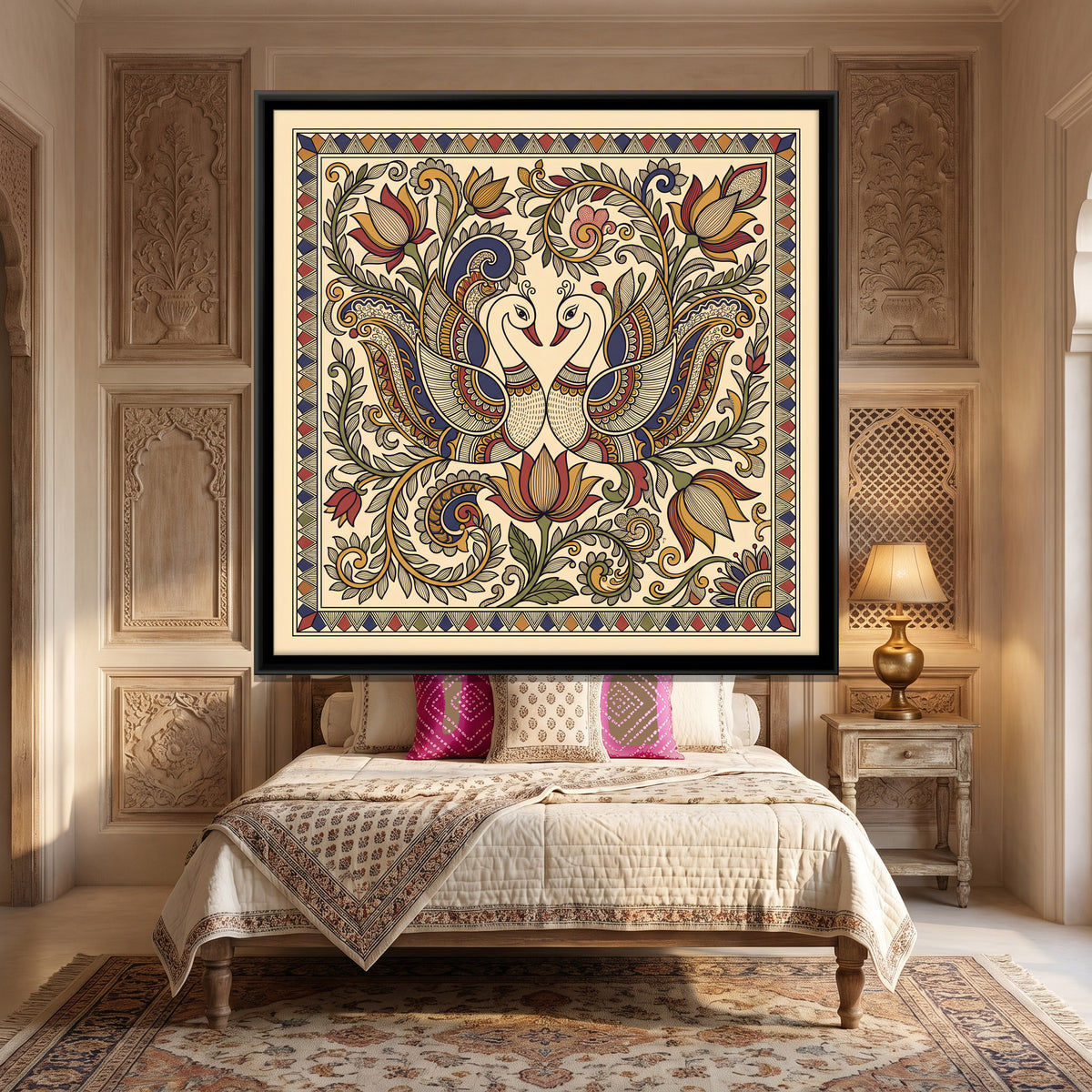 Pair of Swans with Lotus - canvas art shown in a second room setting