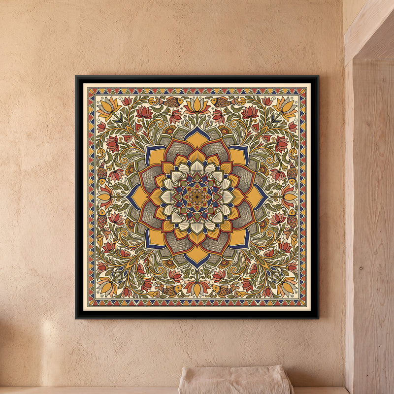 Lotus Mandala with Flowering Vines - framed canvas art hung on a wall