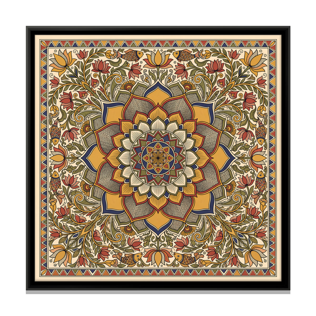 Lotus Mandala with Flowering Vines - framed canvas print, front view