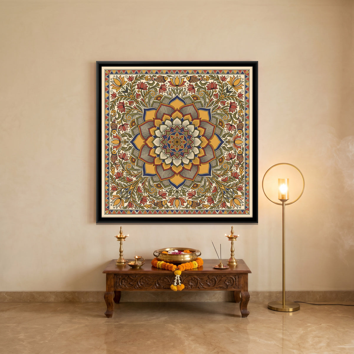 Lotus Mandala with Flowering Vines - canvas art shown in a styled room