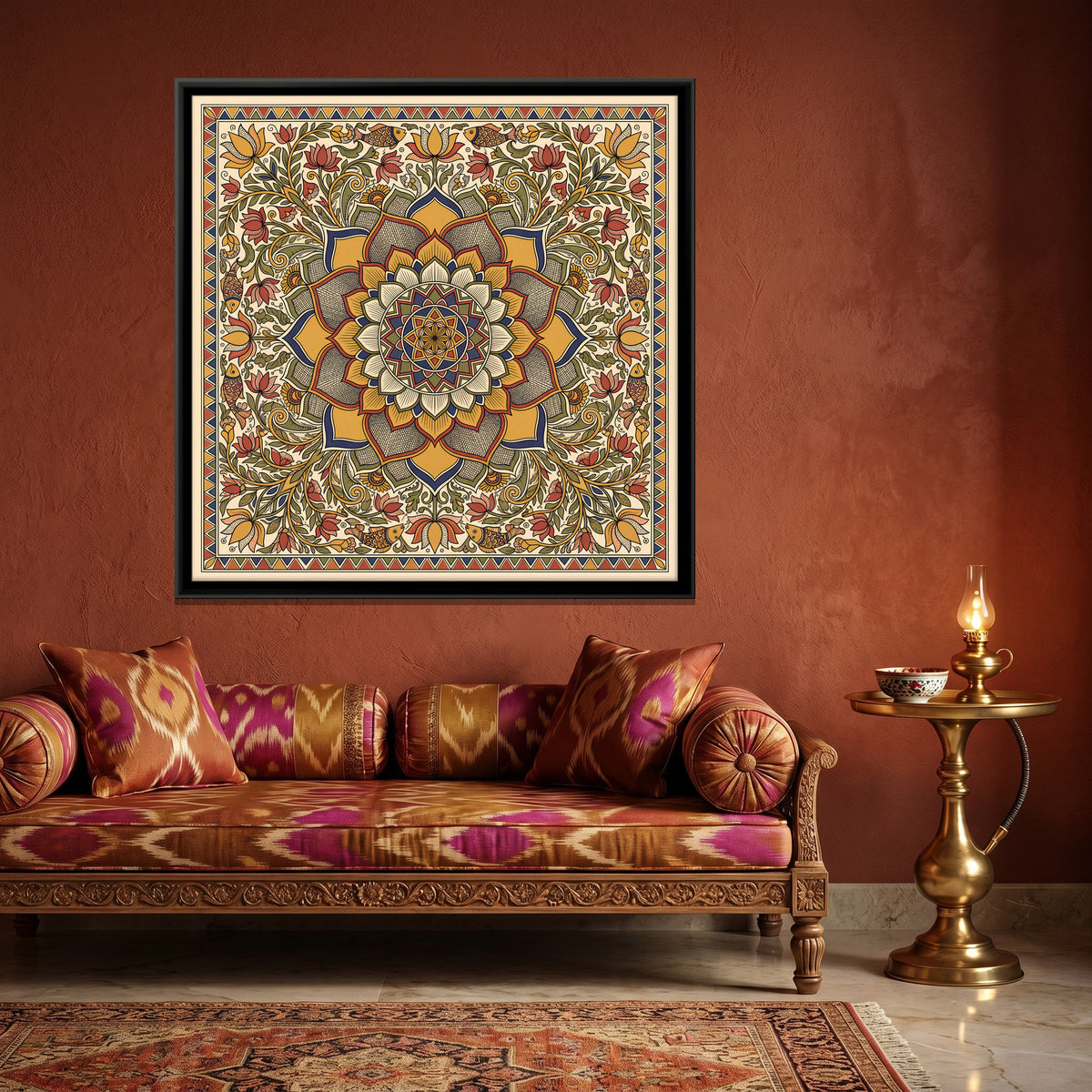 Lotus Mandala with Flowering Vines - canvas art shown in a second room setting