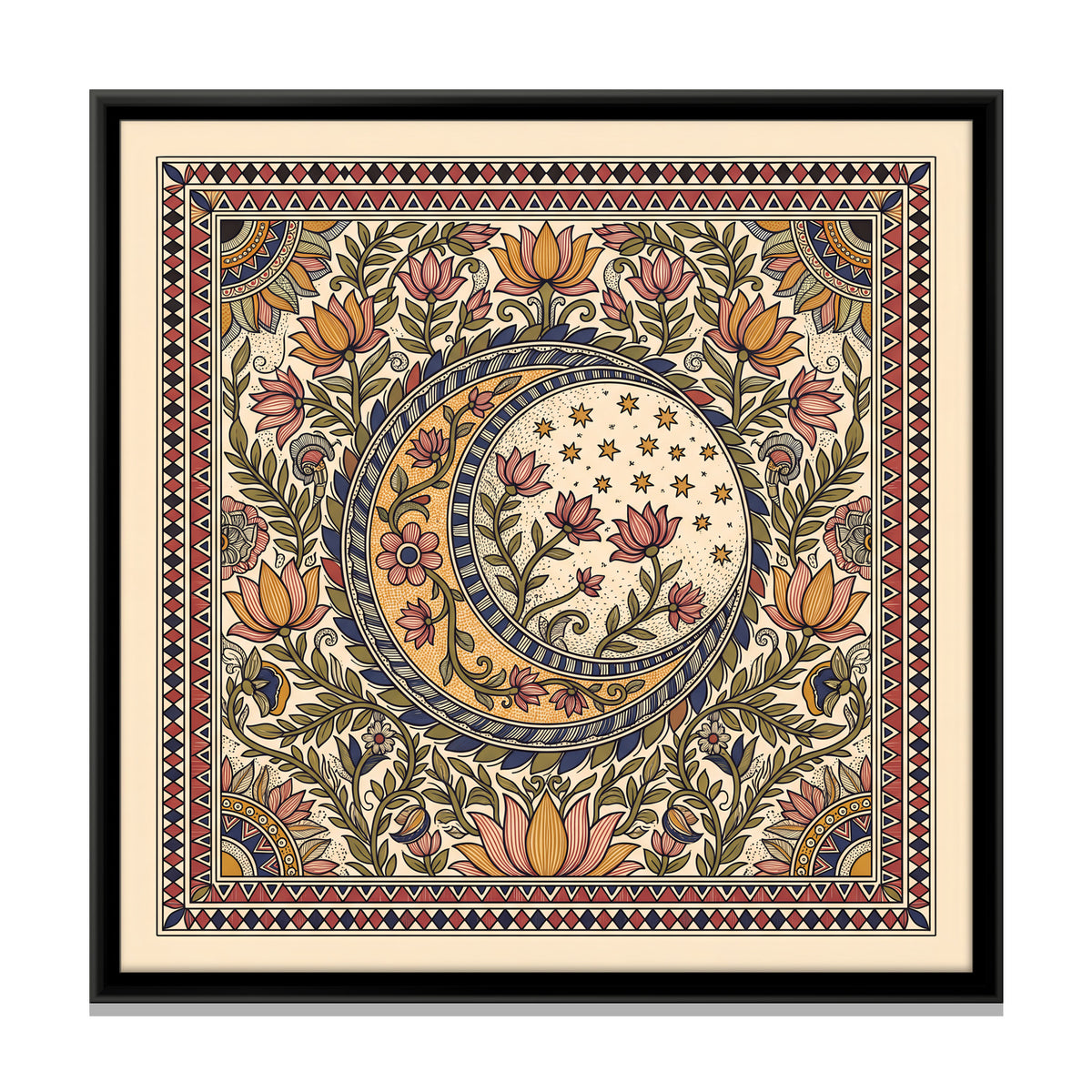 Crescent Moon with Stars - framed canvas print, front view
