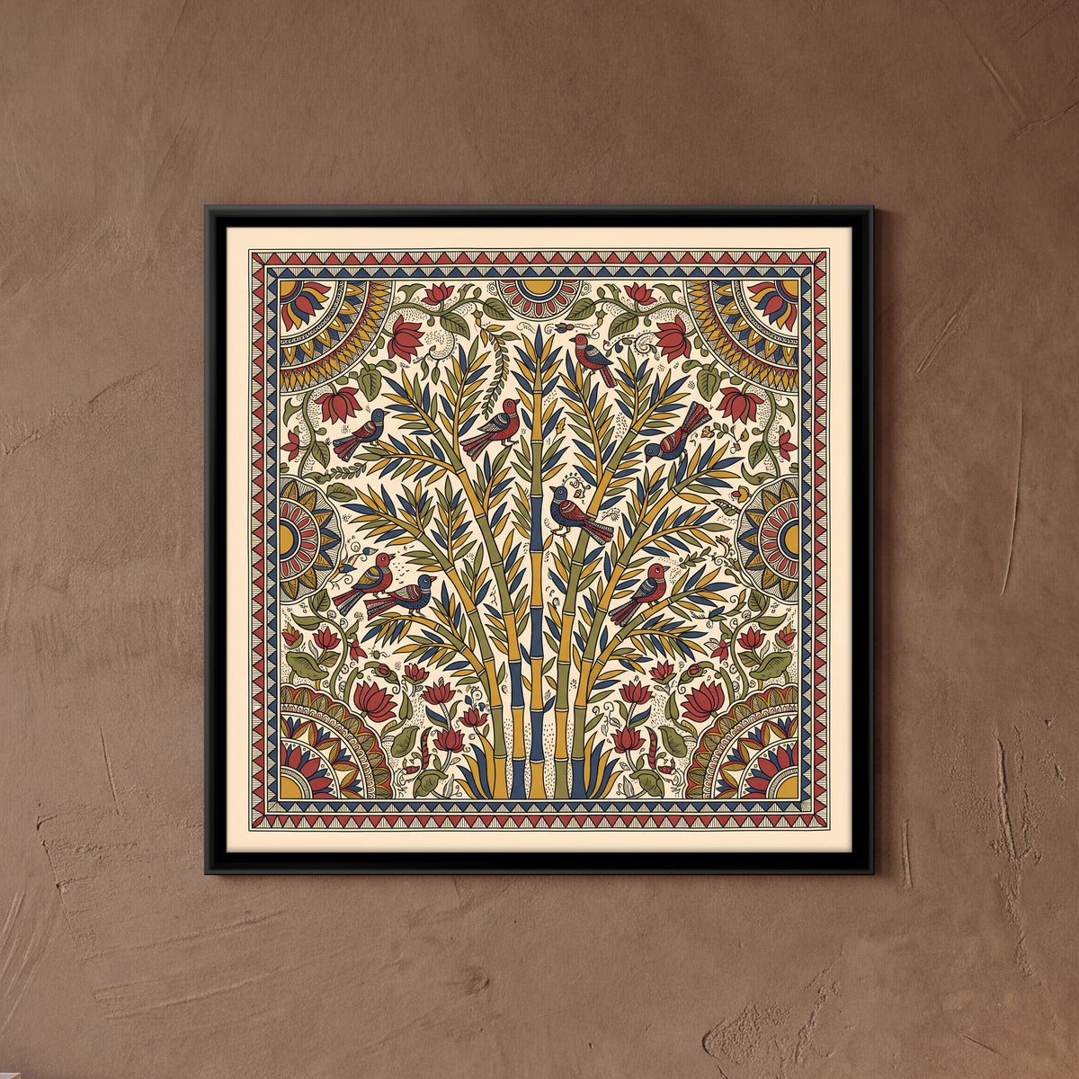 Bamboo Grove with Birds - framed canvas art hung on a wall