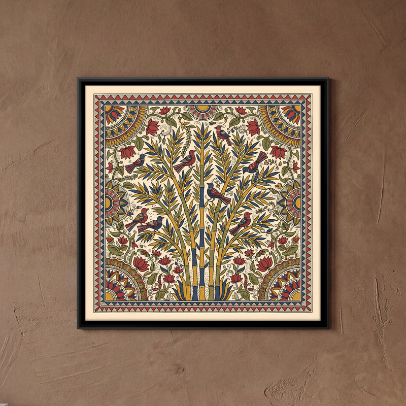 Bamboo Grove with Birds - framed canvas art hung on a wall