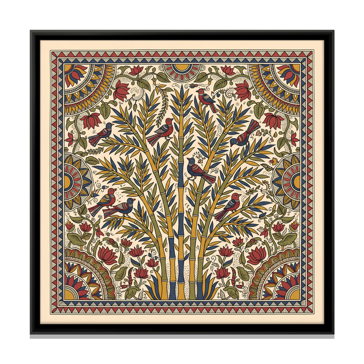 Bamboo Grove with Birds - framed canvas print, front view