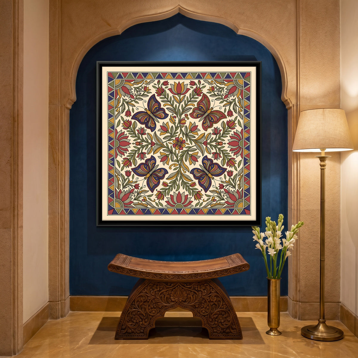 Butterflies Among Lotus Vines - canvas art shown in a styled room