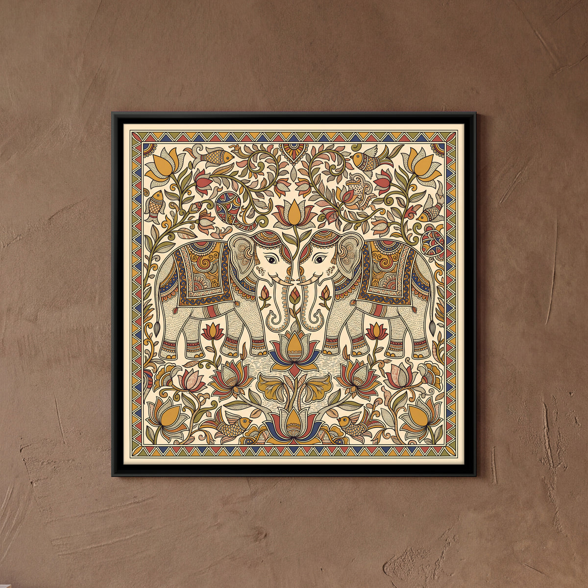 Pair of Elephants with Lotus - framed canvas art hung on a wall