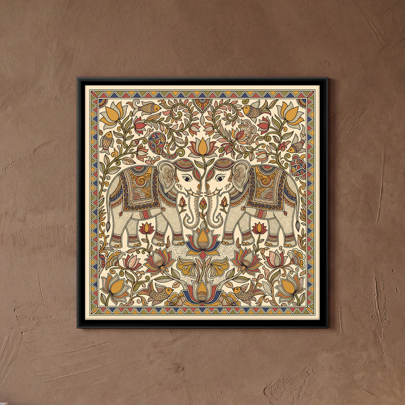Pair of Elephants with Lotus - framed canvas art hung on a wall