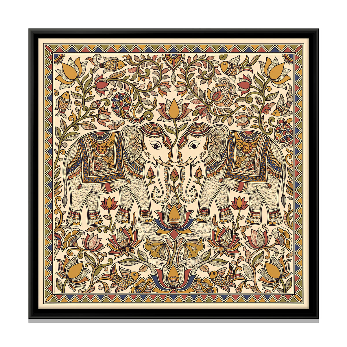 Pair of Elephants with Lotus - framed canvas print, front view