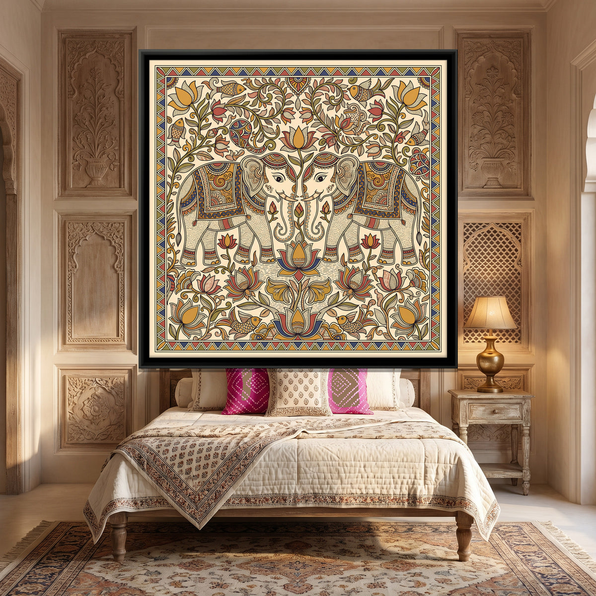 Pair of Elephants with Lotus - canvas art shown in a styled room