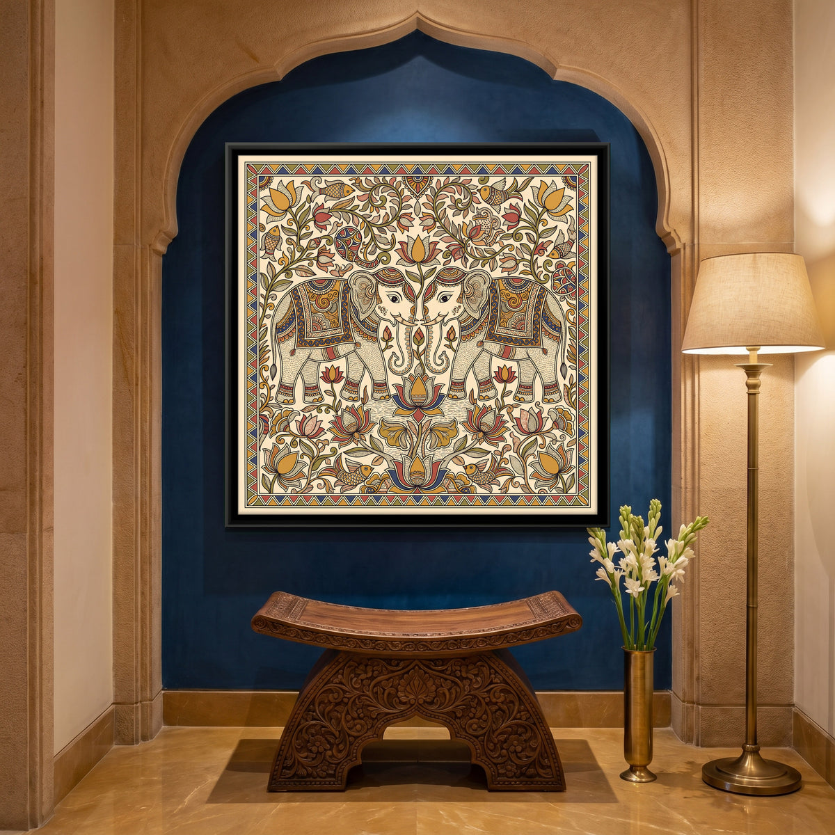 Pair of Elephants with Lotus - canvas art shown in a second room setting