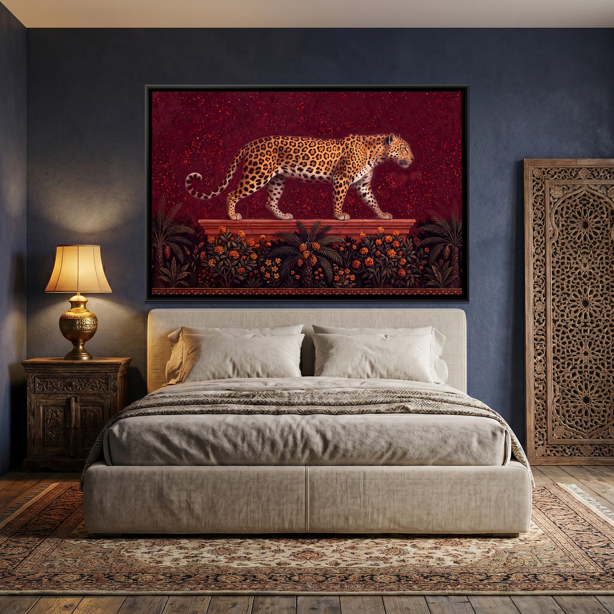 Leopard on a Garden Terrace, Facing Right - canvas art shown in a bedroom