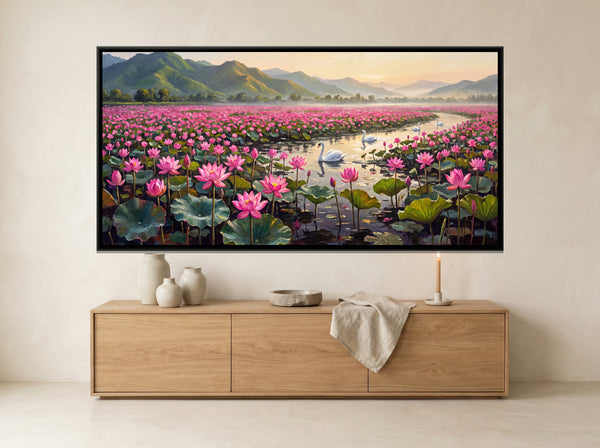 Swans on a Lotus Lake Below Green Hills