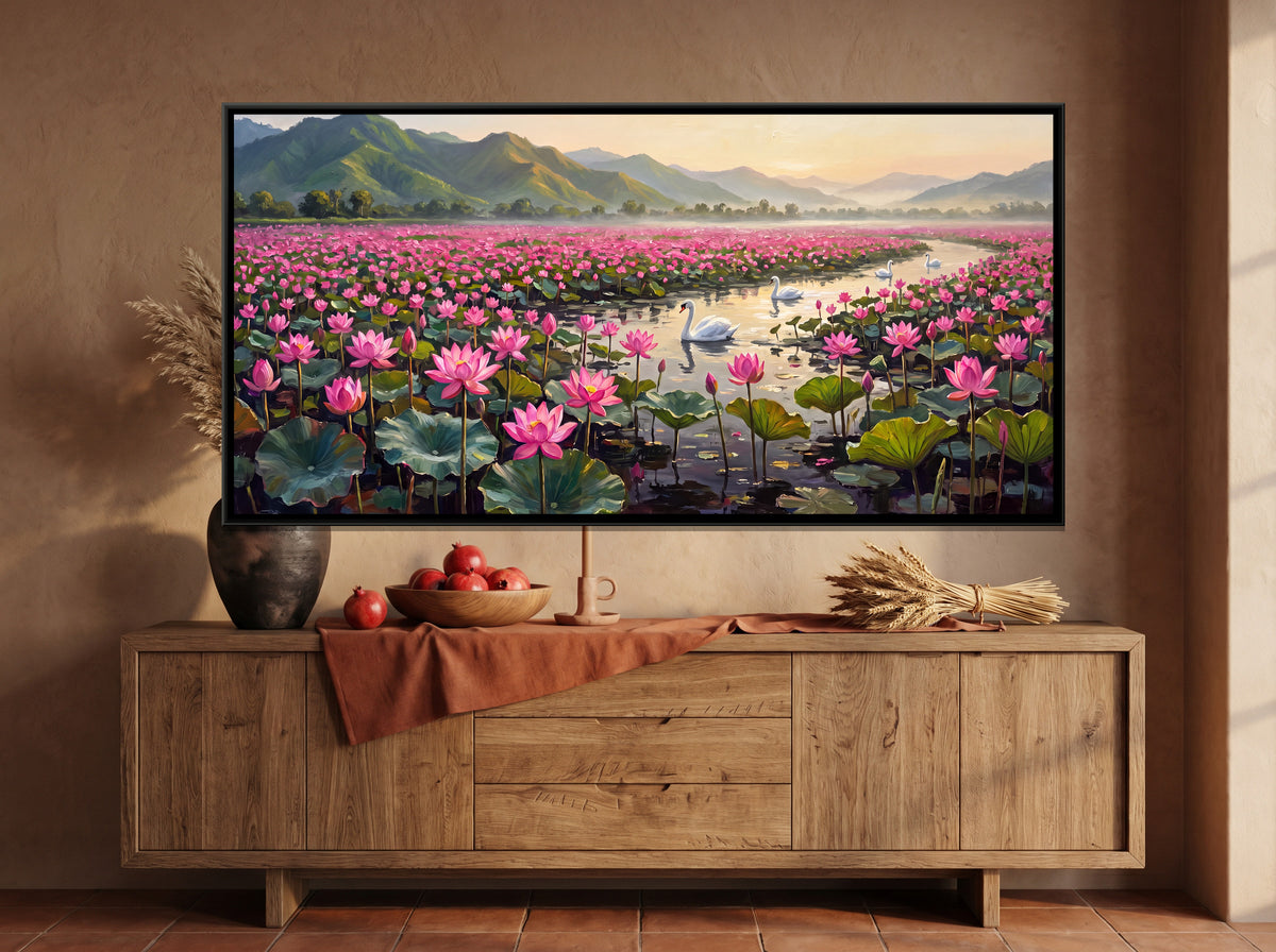 Swans on a Lotus Lake Below Green Hills - canvas art shown in a styled room