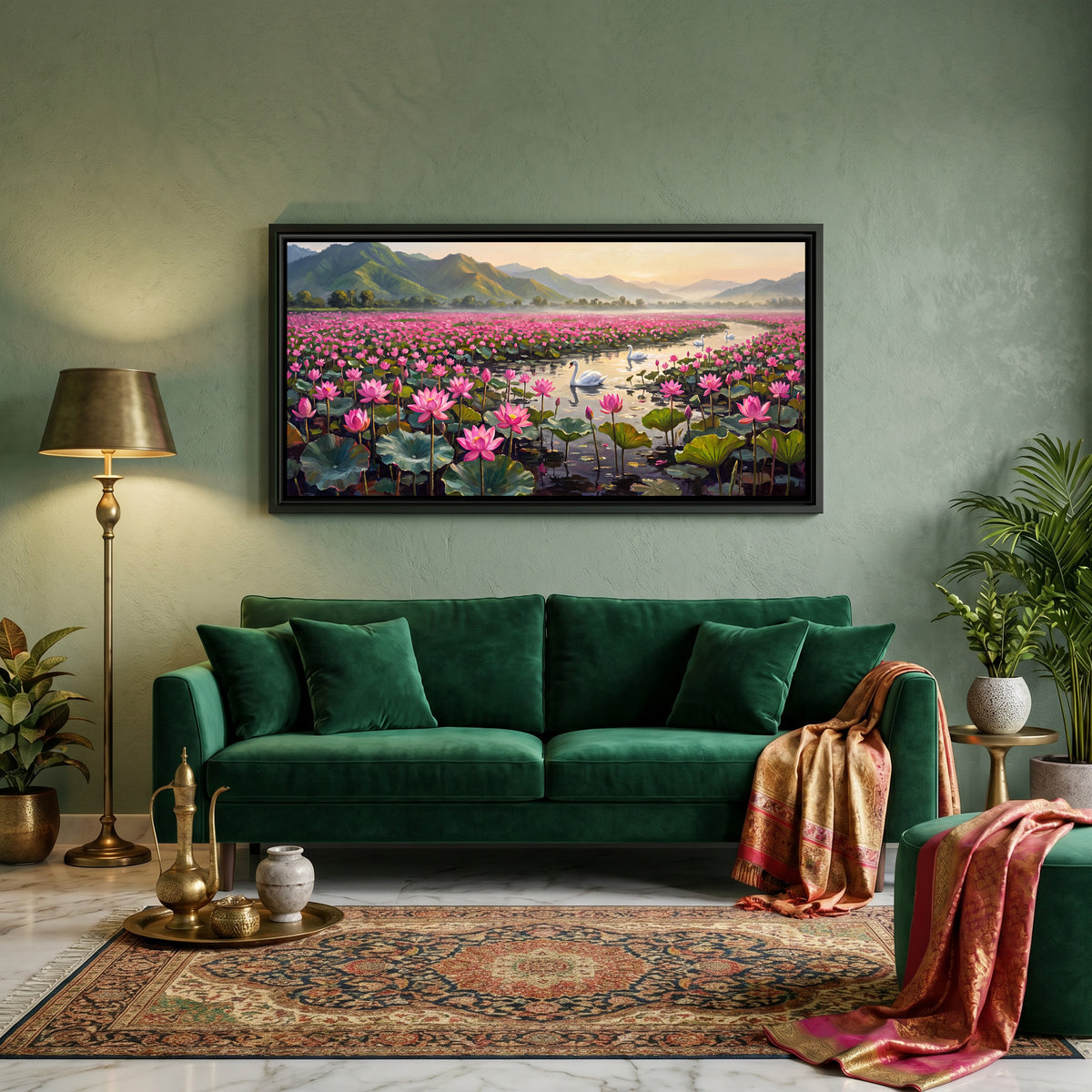 Swans on a Lotus Lake Below Green Hills - canvas art shown in a second room setting