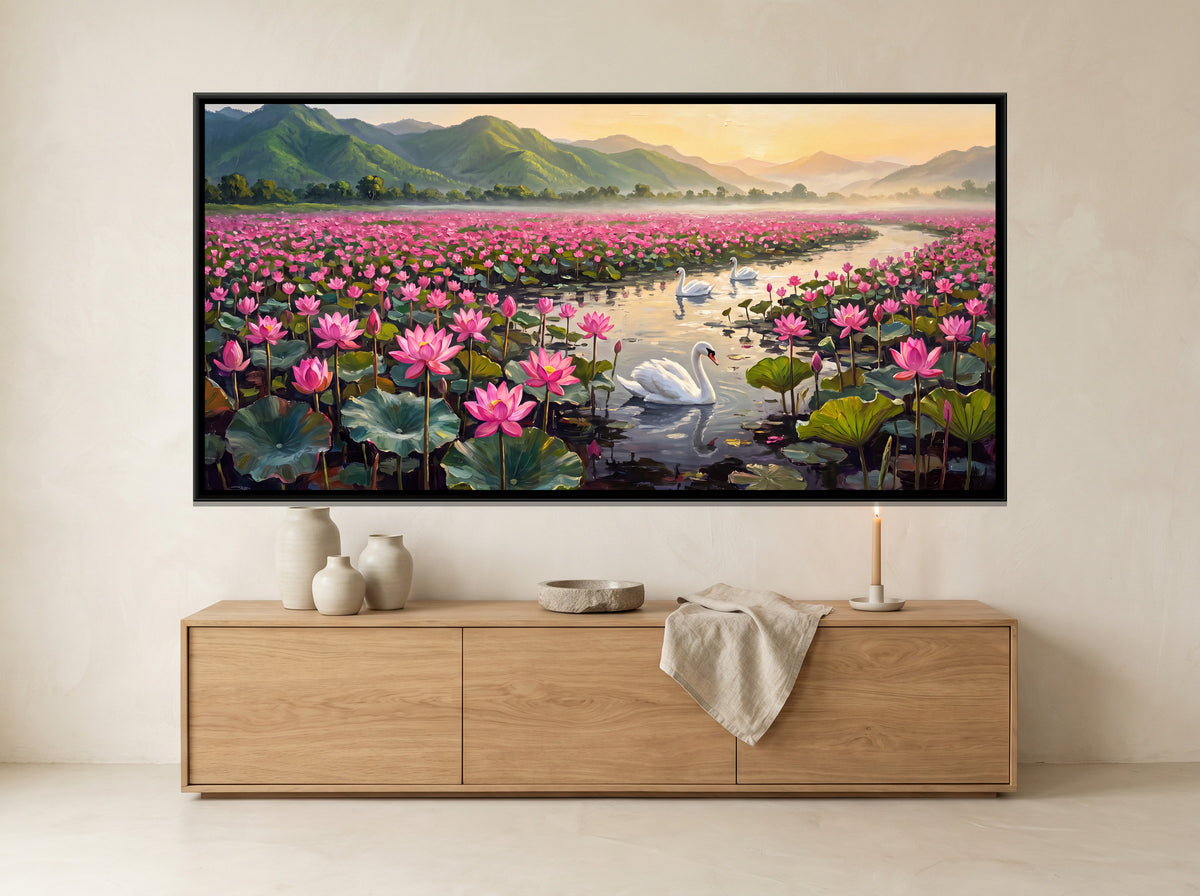Swans on a Lotus Lake at Golden Sunrise - framed canvas art hung on a wall