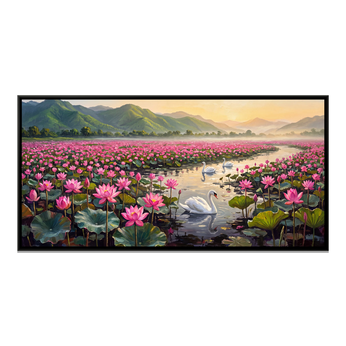 Swans on a Lotus Lake at Golden Sunrise - framed canvas print, front view