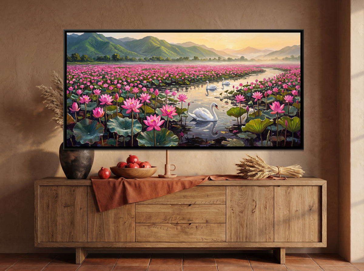 Swans on a Lotus Lake at Golden Sunrise - canvas art shown in a styled room