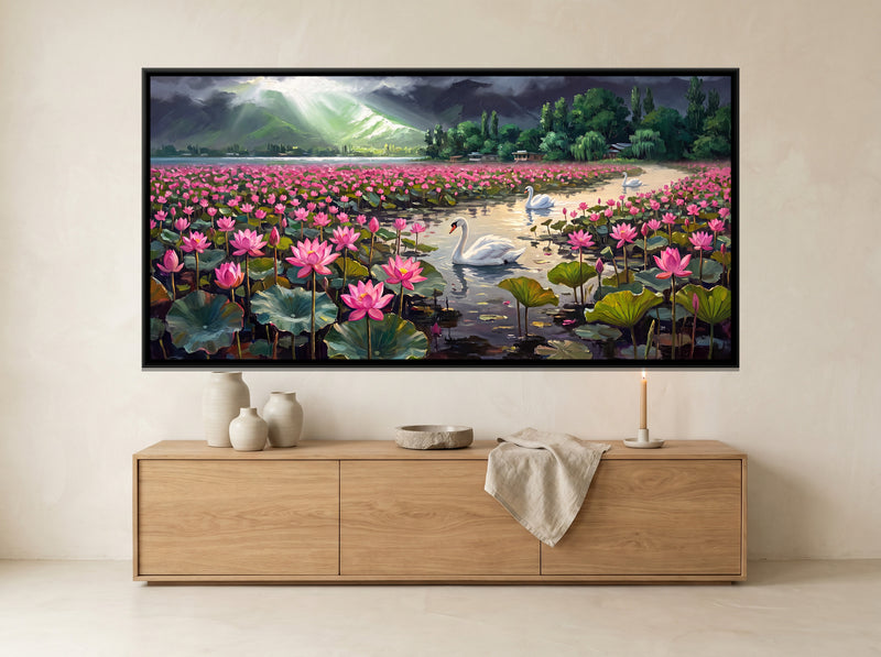 Swans on a Lotus Lake in Monsoon Light - framed canvas art hung on a wall