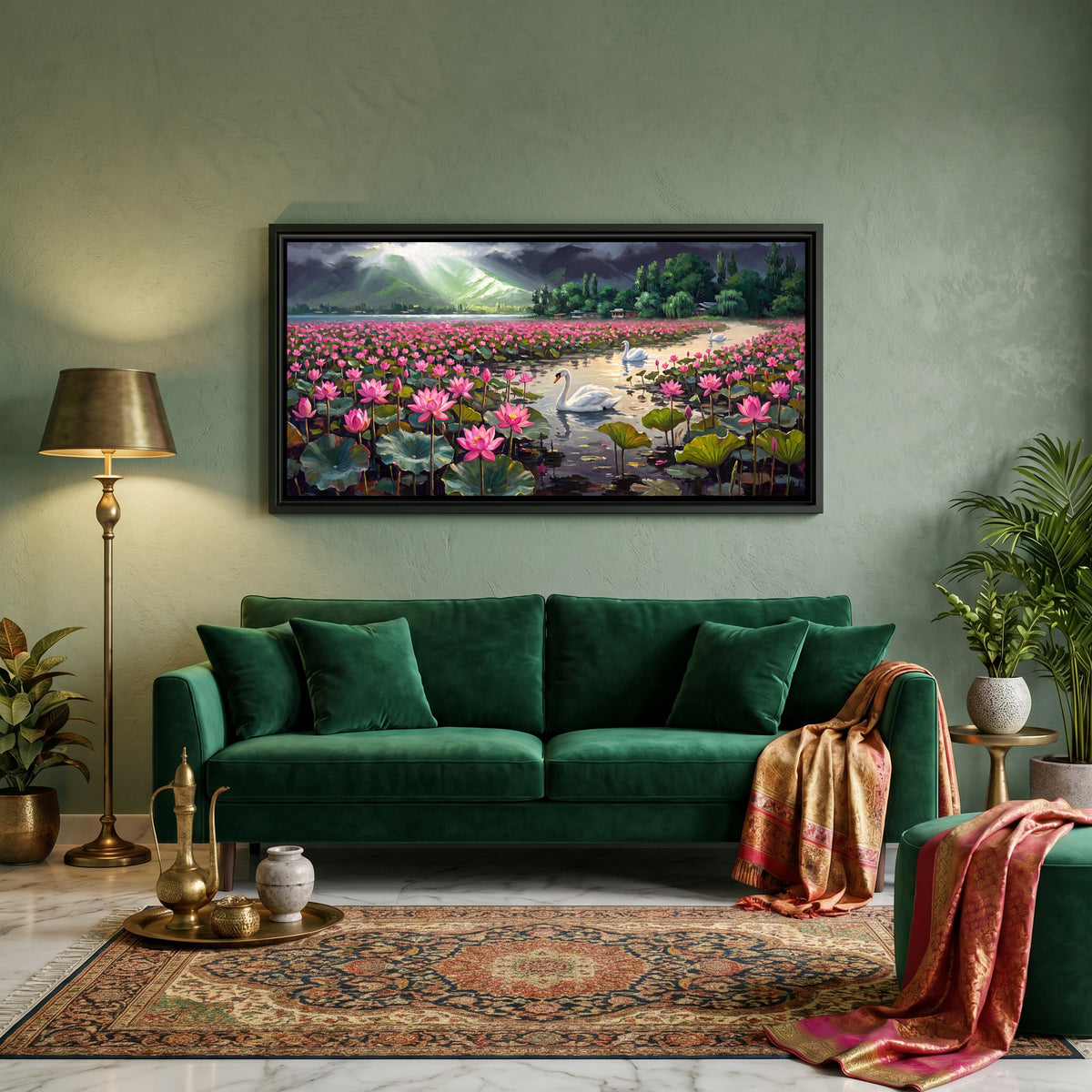 Swans on a Lotus Lake in Monsoon Light - canvas art shown in a second room setting
