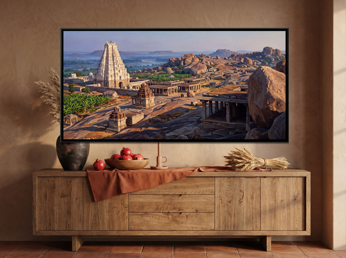 Virupaksha Temple Tower from Hemakuta Hill - canvas art shown in a styled room