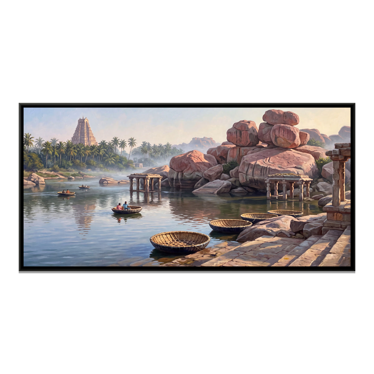 Coracles on the Tungabhadra below Virupaksha - framed canvas print, front view
