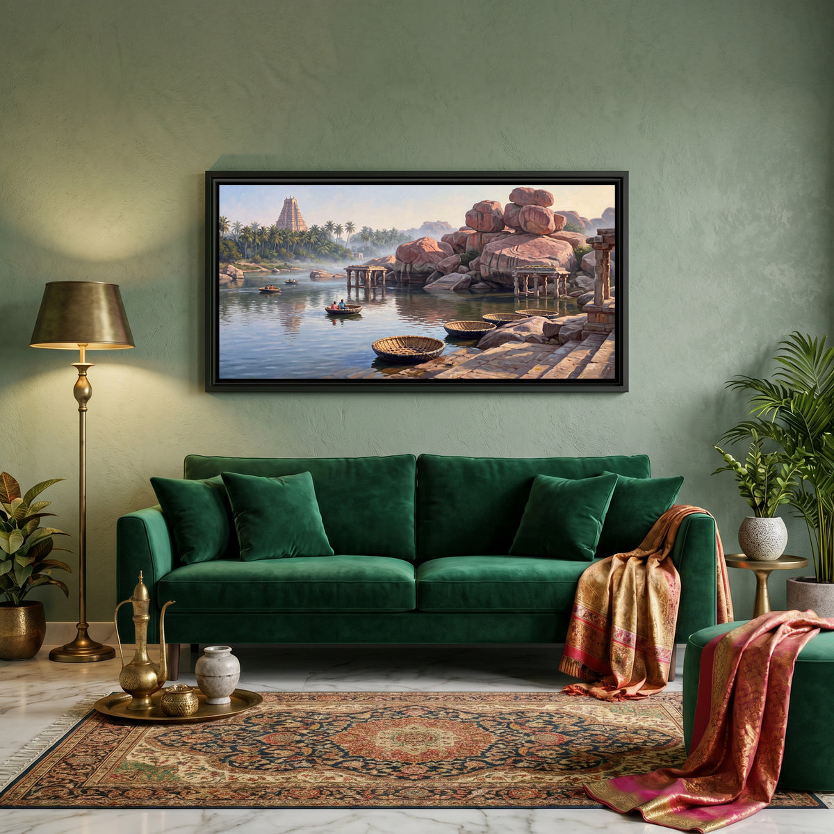 Coracles on the Tungabhadra below Virupaksha - canvas art shown in a second room setting
