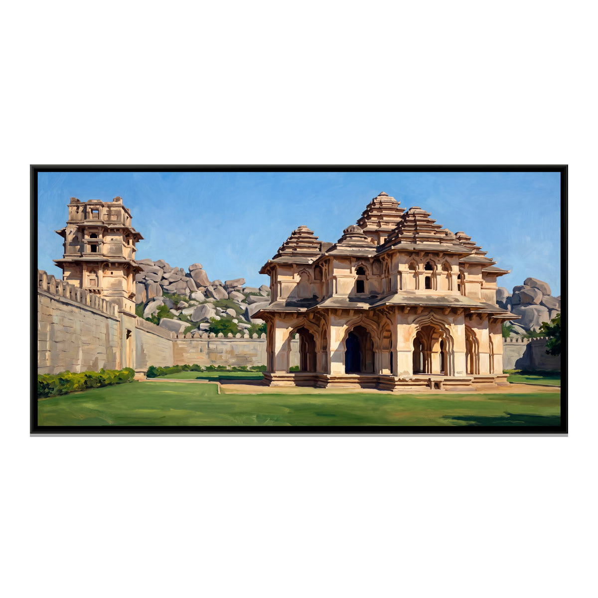 Lotus Mahal and Watchtower in Morning Light - framed canvas print, front view