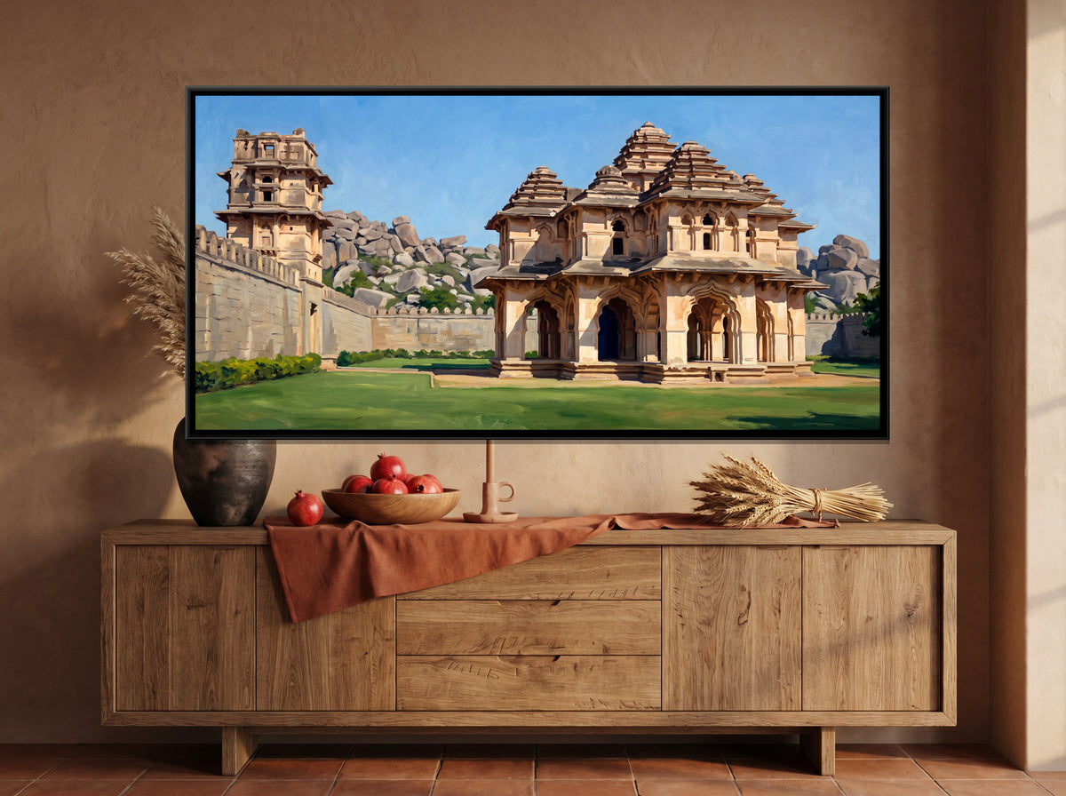 Lotus Mahal and Watchtower in Morning Light - canvas art shown in a styled room