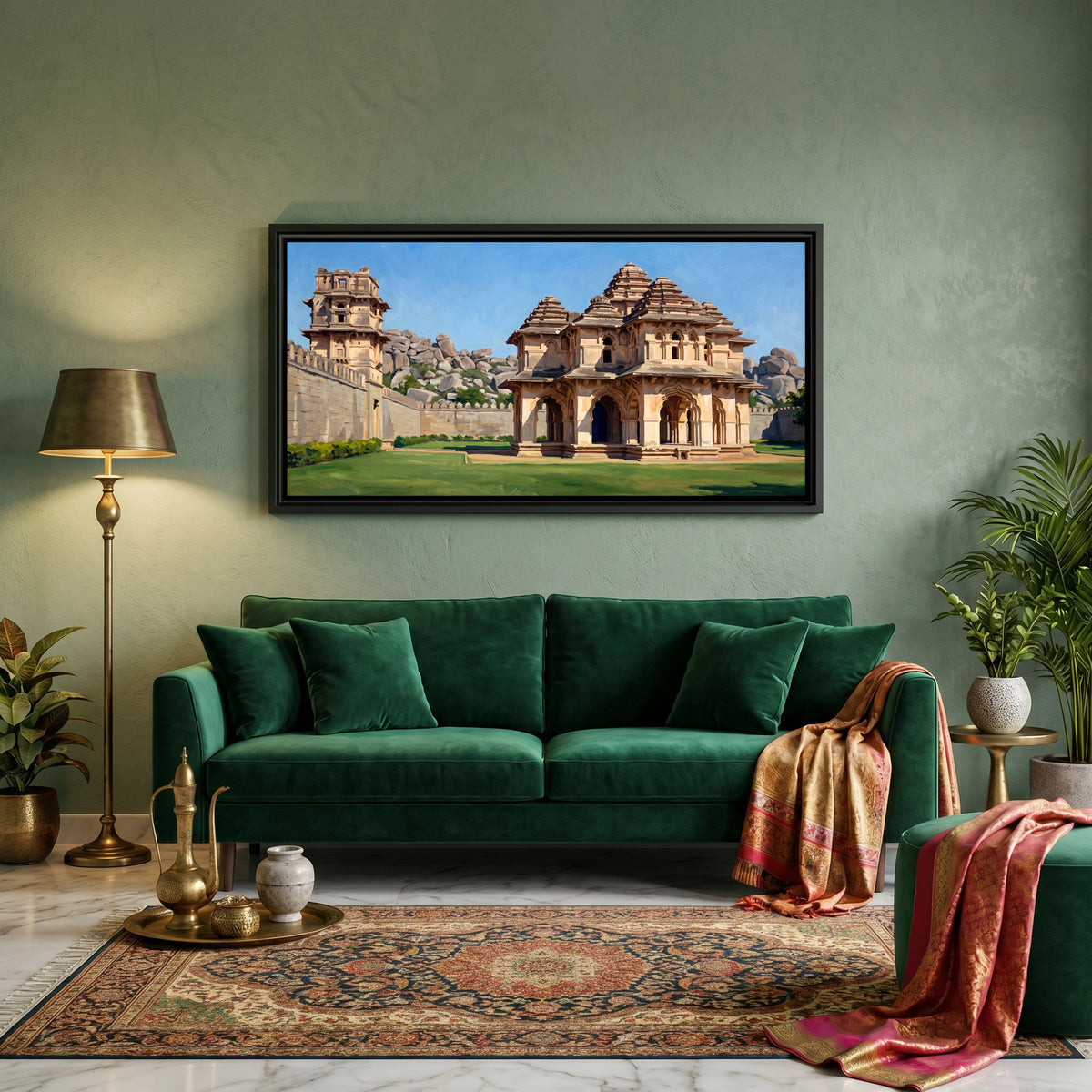 Lotus Mahal and Watchtower in Morning Light - canvas art shown in a second room setting