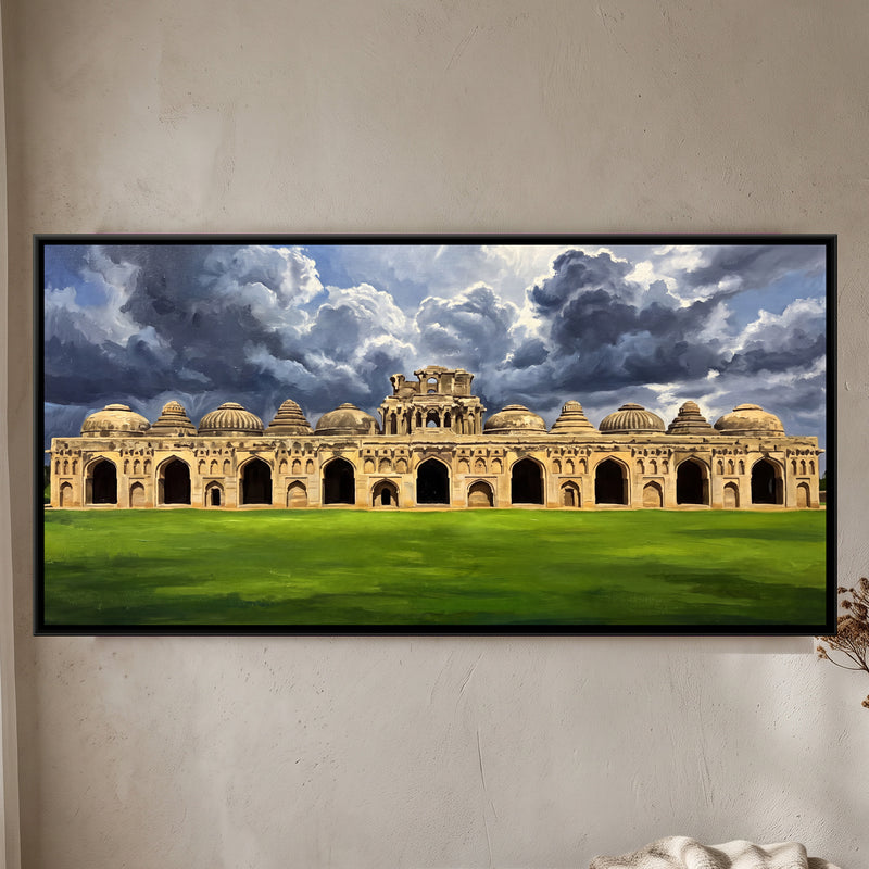 Elephant Stables under Monsoon Clouds - framed canvas art hung on a wall