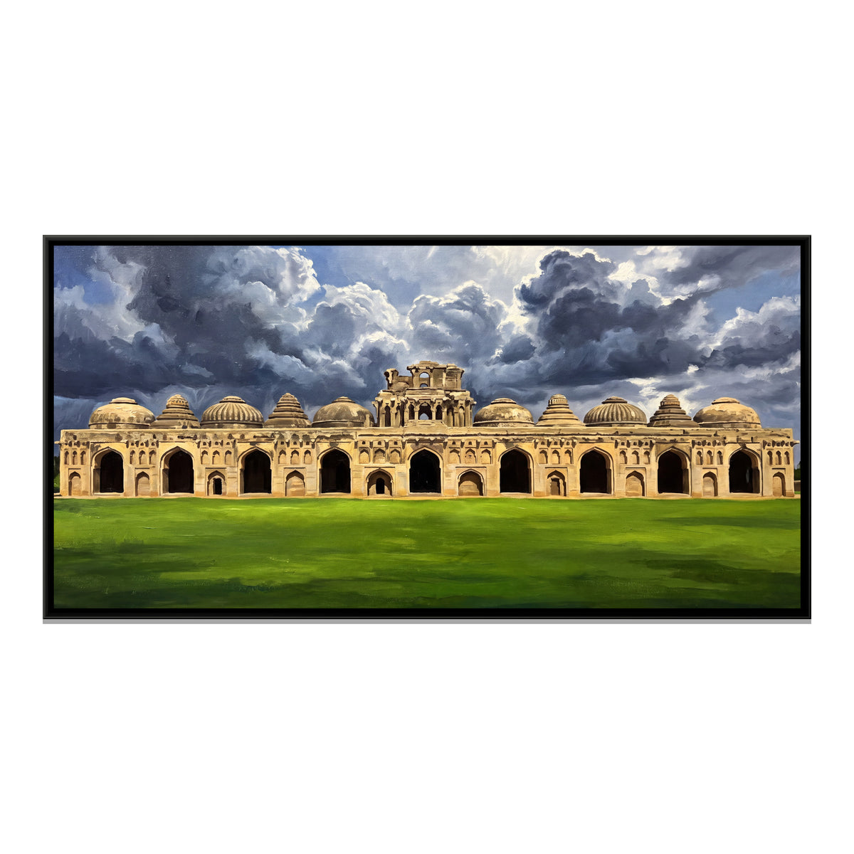 Elephant Stables under Monsoon Clouds - framed canvas print, front view