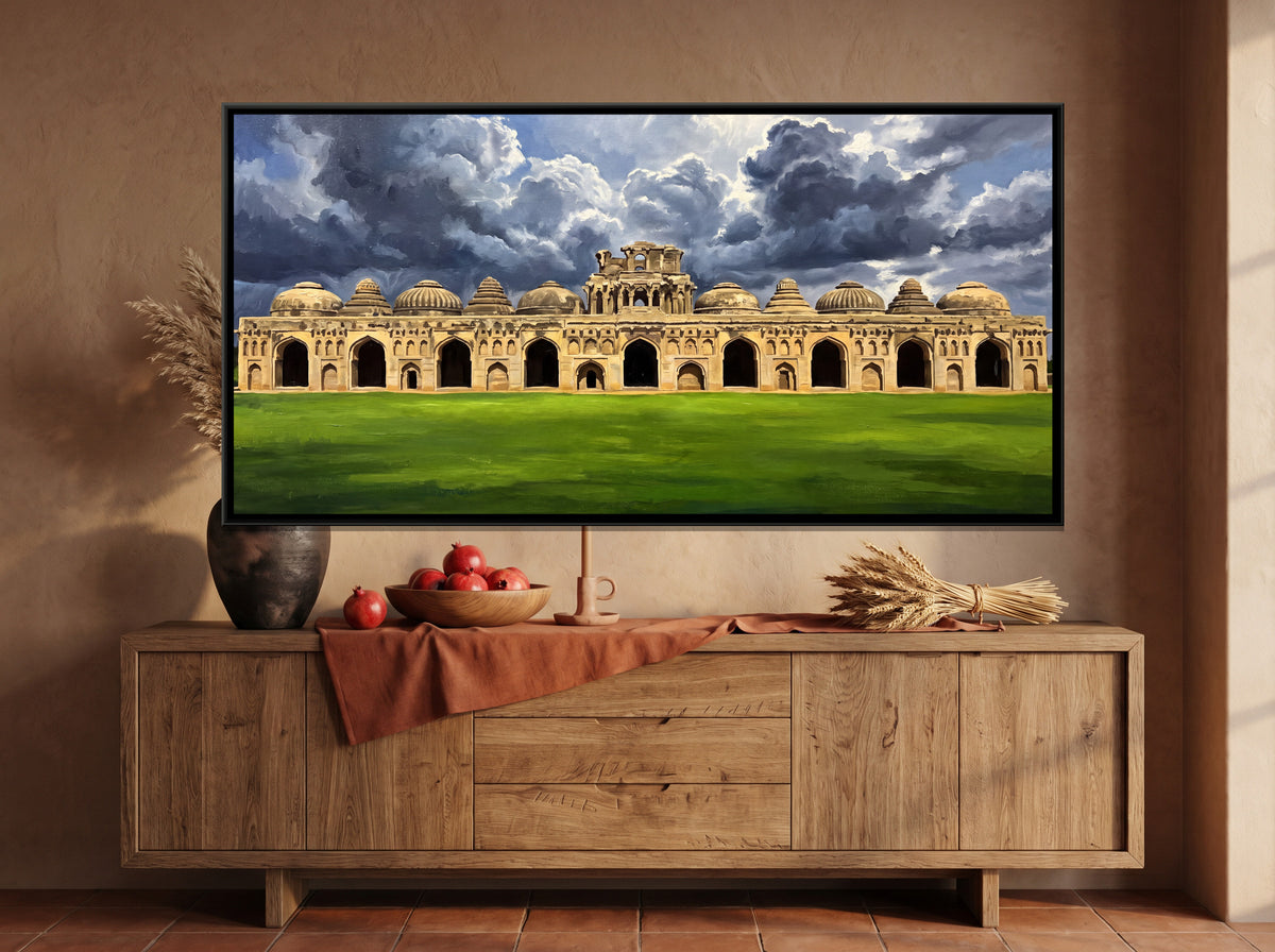 Elephant Stables under Monsoon Clouds - canvas art shown in a styled room