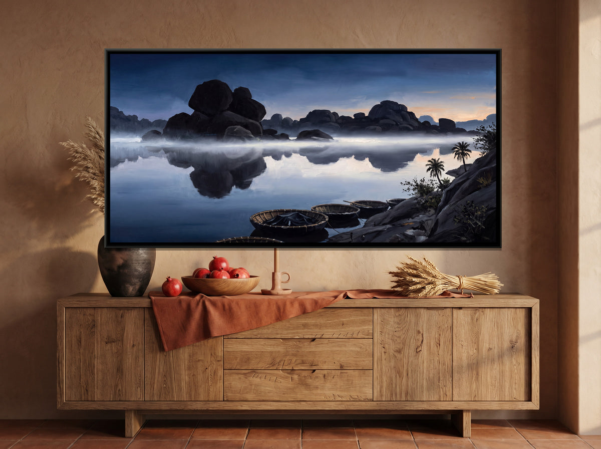 Sanapur Lake in the Blue Hour - canvas art shown in a styled room
