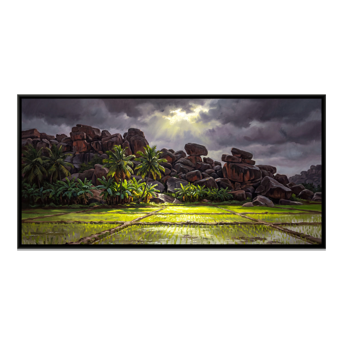 Monsoon Paddy Fields below Hampi's Boulders - framed canvas print, front view