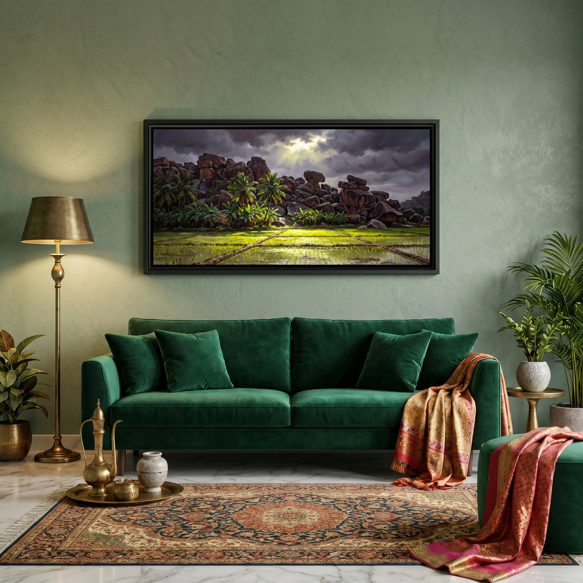 Monsoon Paddy Fields below Hampi's Boulders - canvas art shown in a second room setting