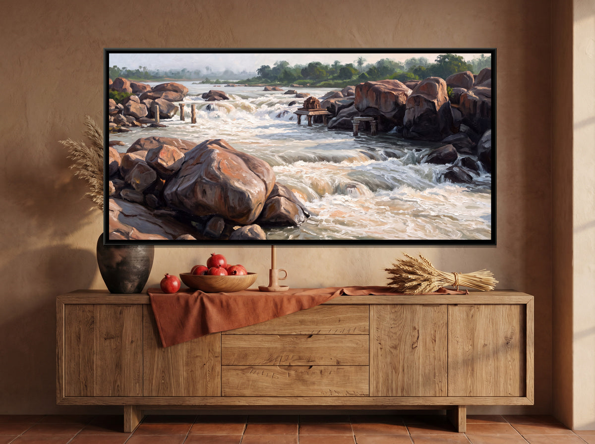 Tungabhadra Rapids in Monsoon Flood - canvas art shown in a styled room