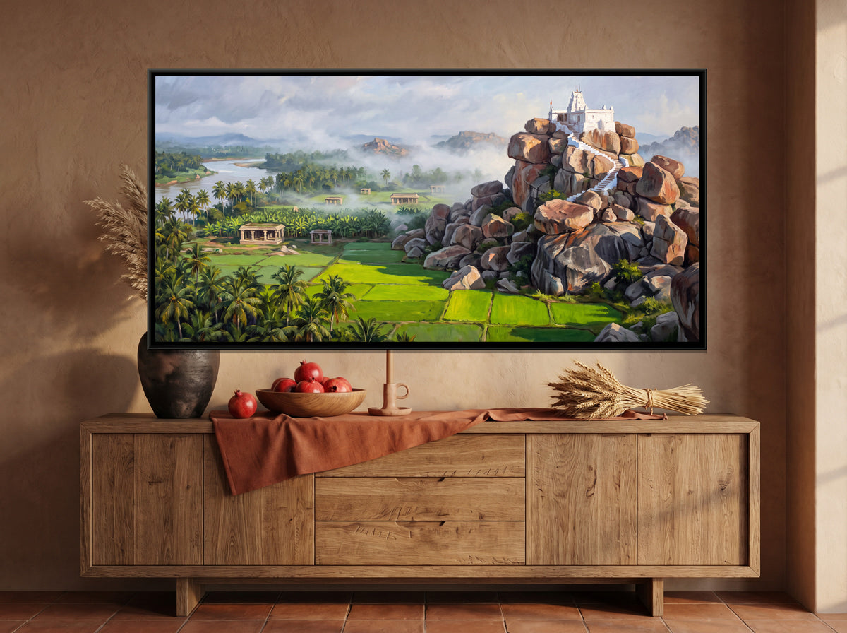 Anjanadri Hill in Monsoon Mist - canvas art shown in a styled room
