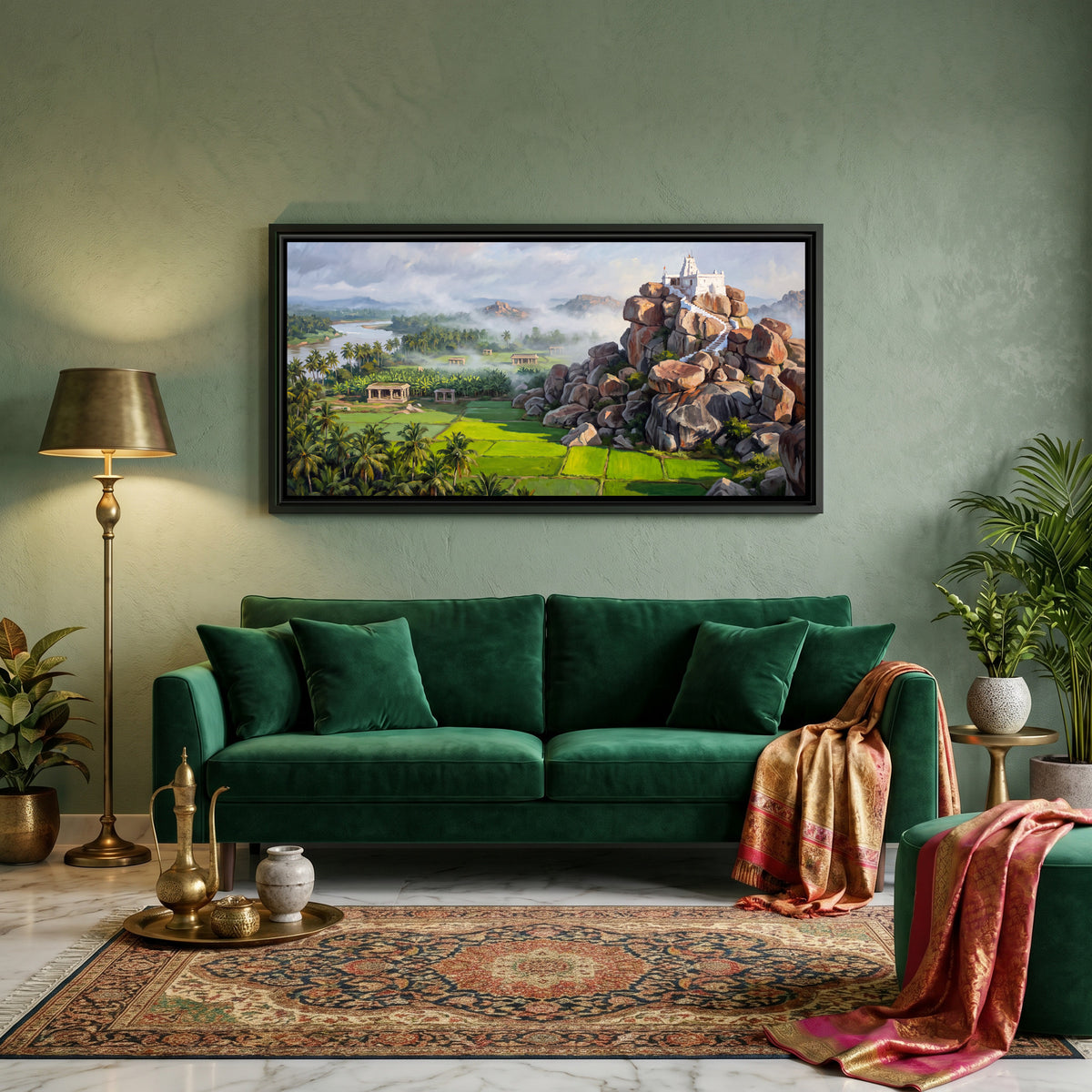 Anjanadri Hill in Monsoon Mist - canvas art shown in a second room setting