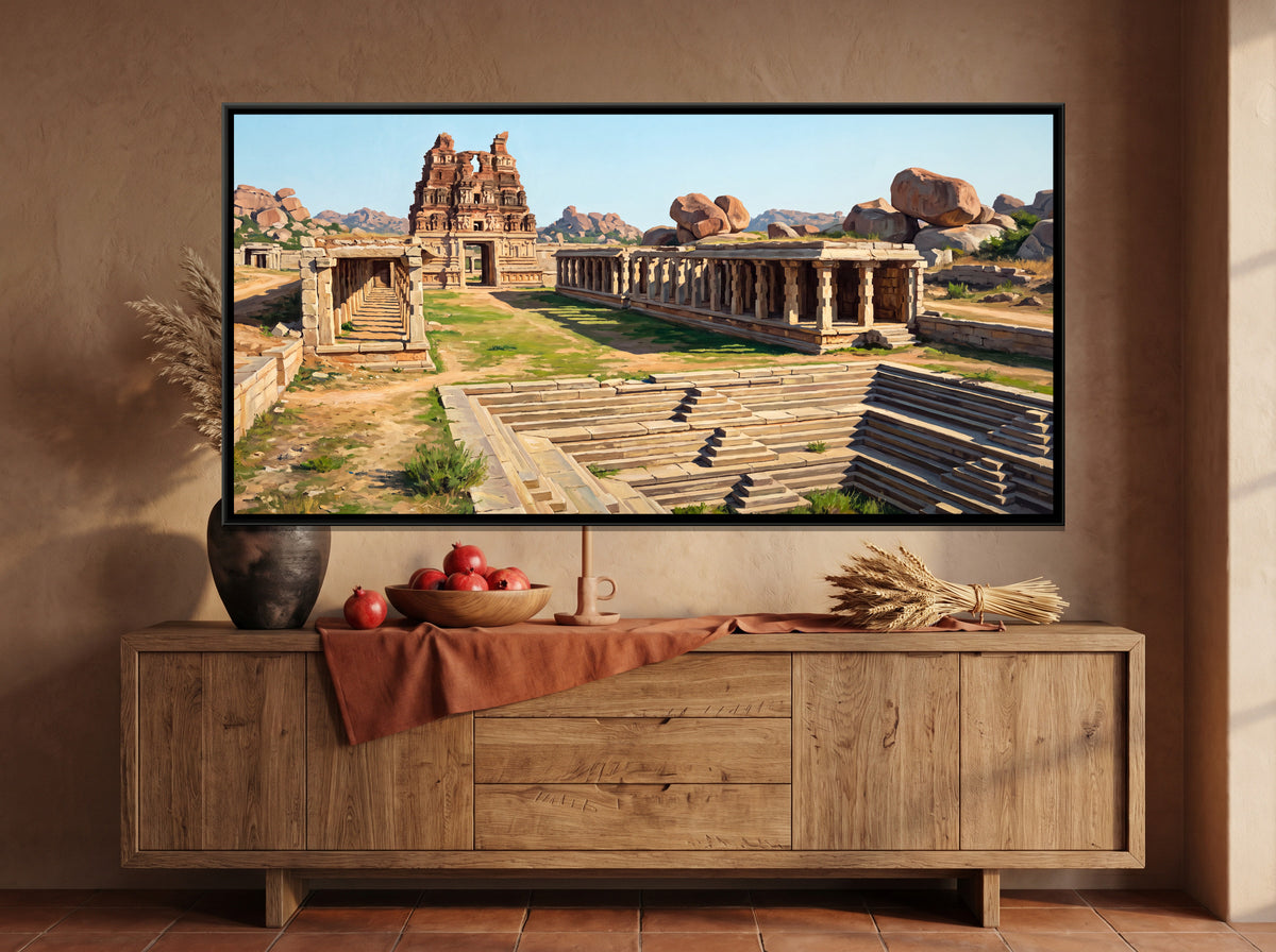 Krishna Bazaar and Temple Gateway - canvas art shown in a styled room