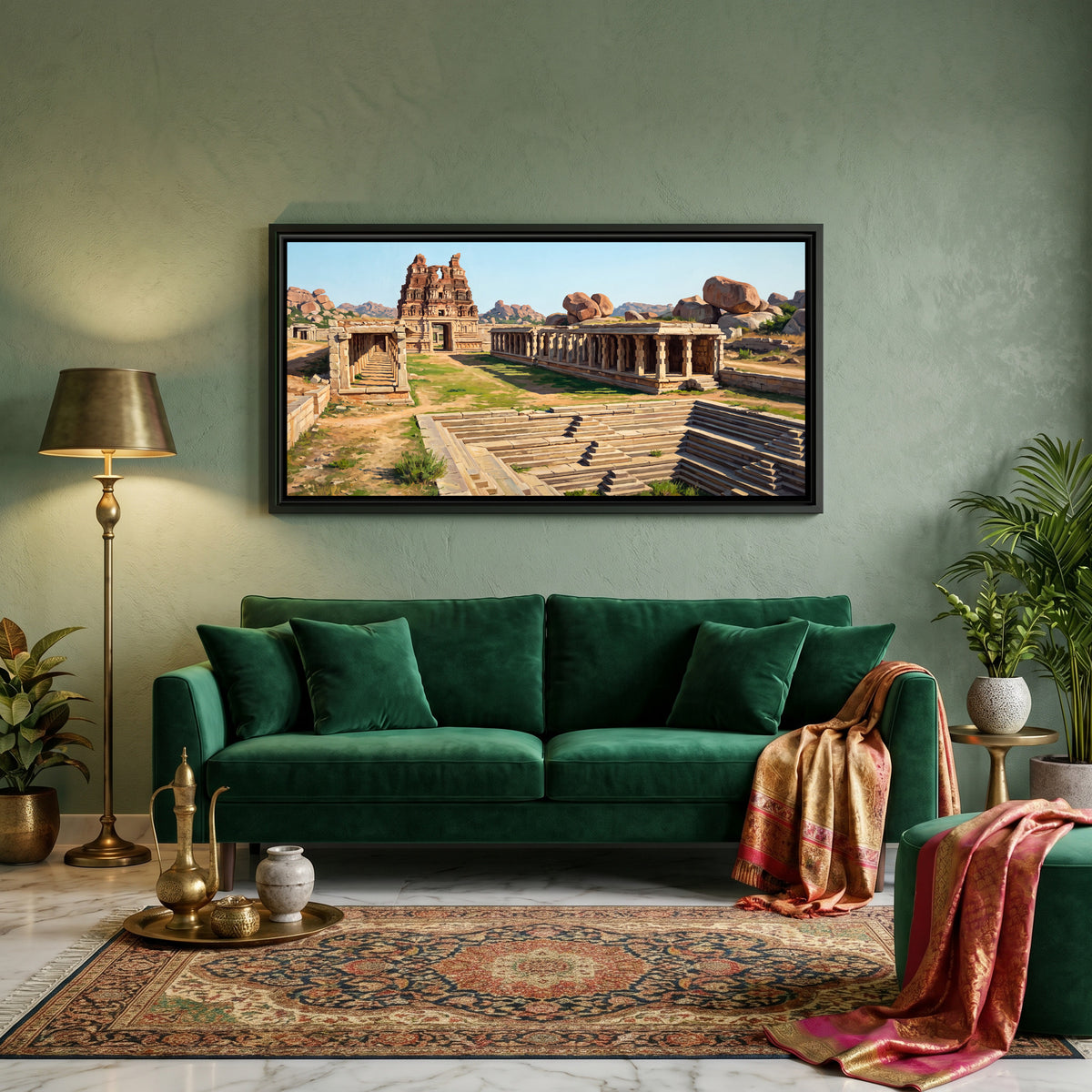 Krishna Bazaar and Temple Gateway - canvas art shown in a second room setting