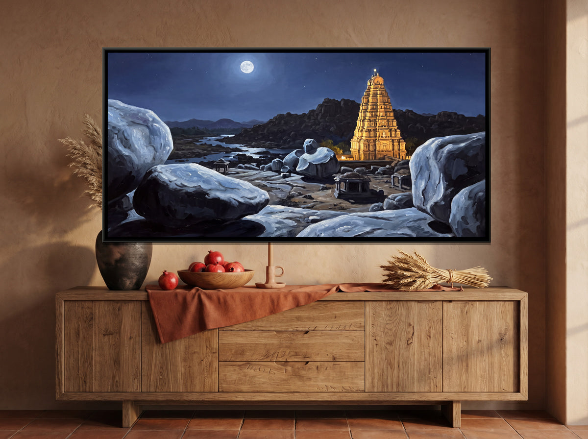 Virupaksha Tower under a Full Moon - canvas art shown in a styled room