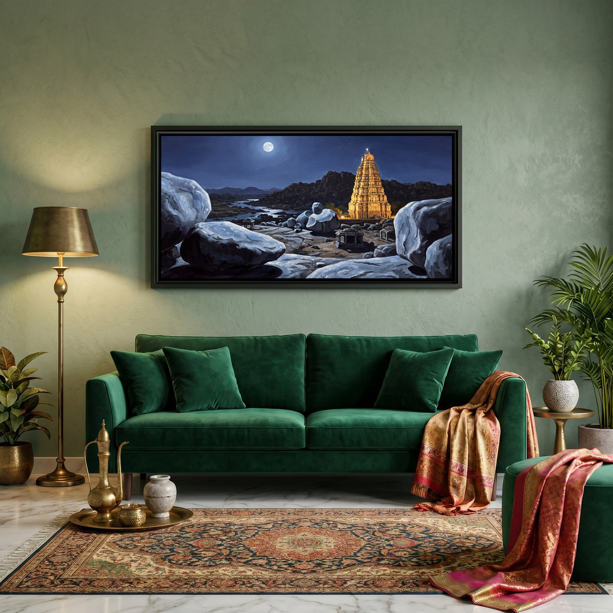 Virupaksha Tower under a Full Moon - canvas art shown in a second room setting
