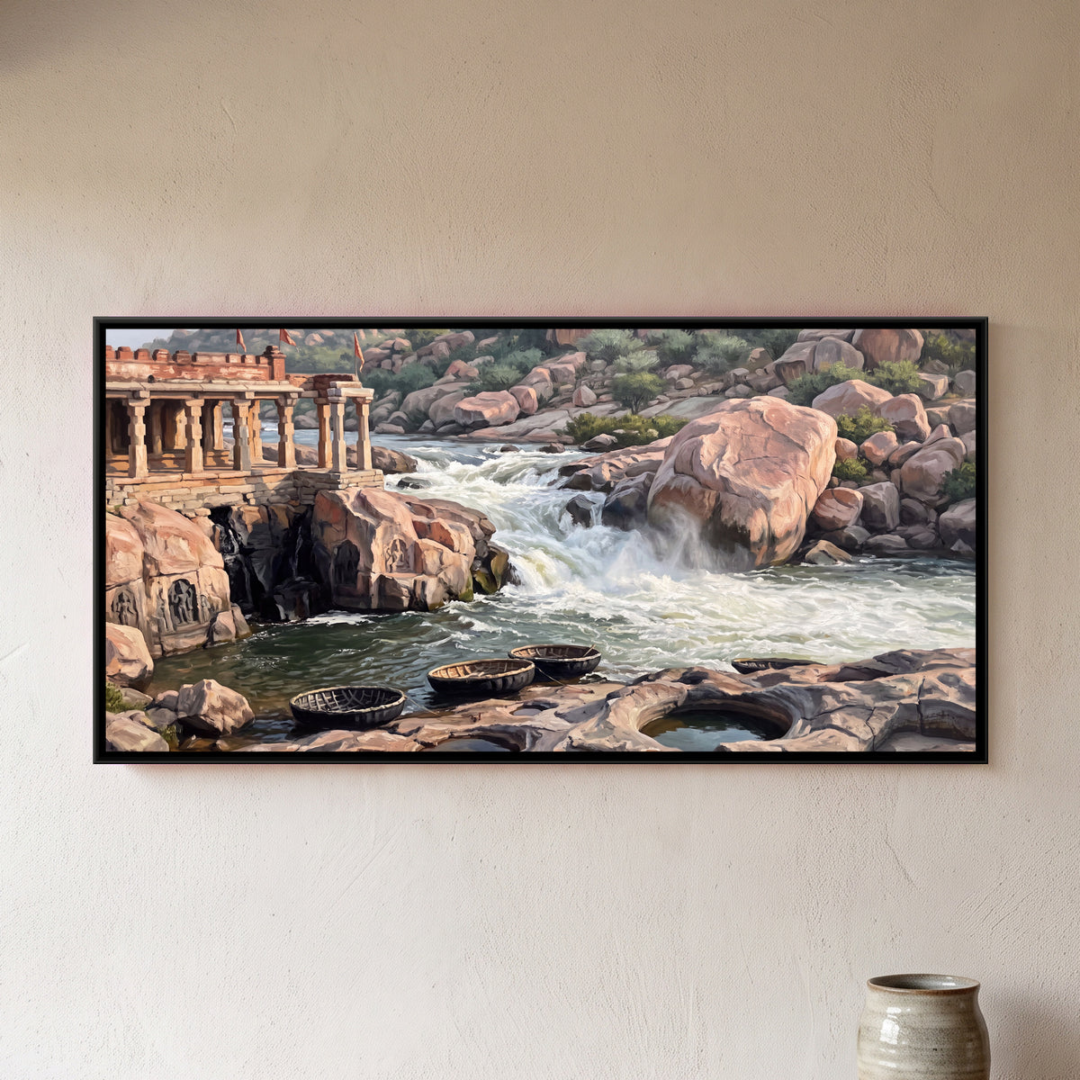 Kodandarama Temple on the Tungabhadra - framed canvas art hung on a wall