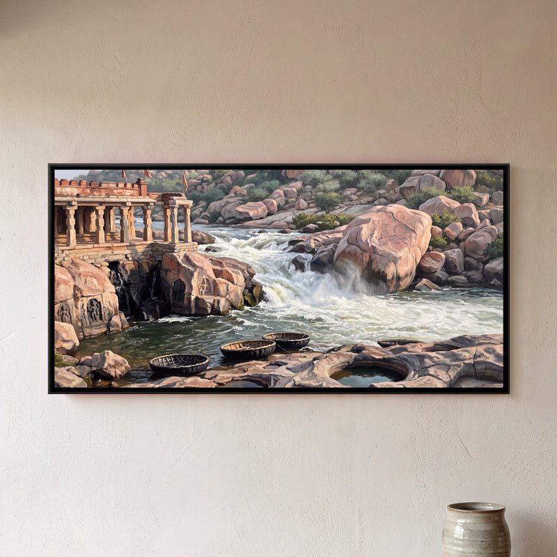 Kodandarama Temple on the Tungabhadra - framed canvas art hung on a wall