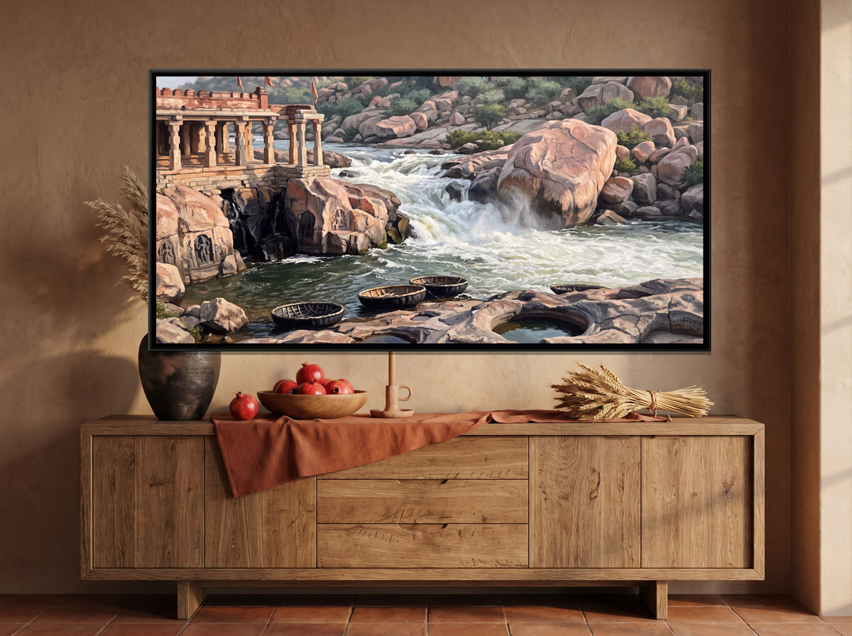 Kodandarama Temple on the Tungabhadra - canvas art shown in a styled room