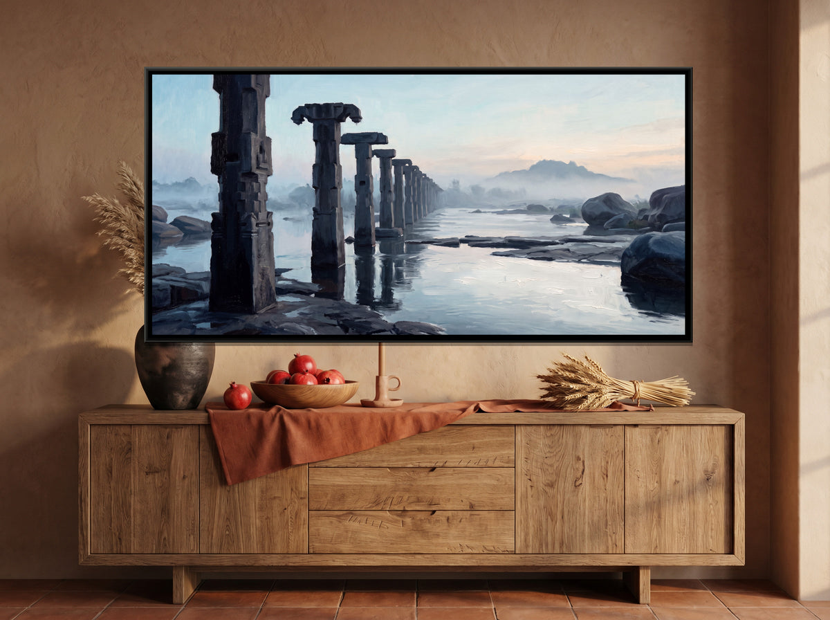 Ancient Bridge Pillars on the Tungabhadra - canvas art shown in a styled room