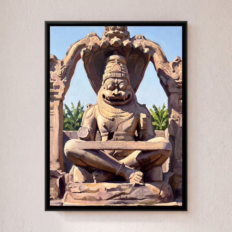 Ugra Narasimha Monolith at Hampi - framed canvas art hung on a wall